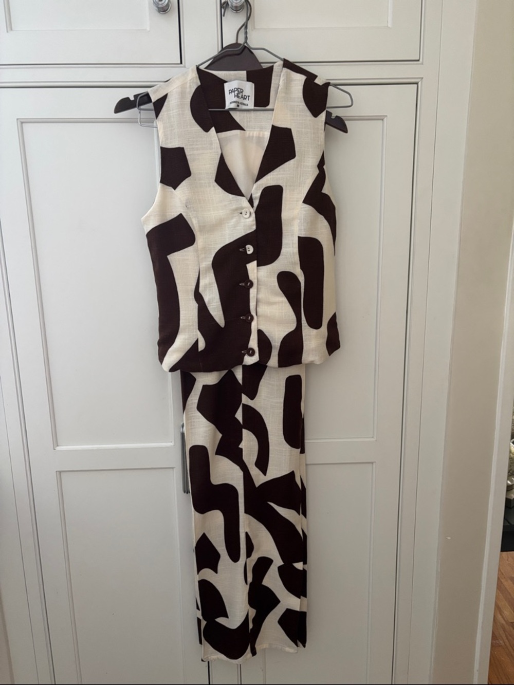 Paper Heart Brown & Cream Abstract Sleeveless Vest and Flowing Pant Set